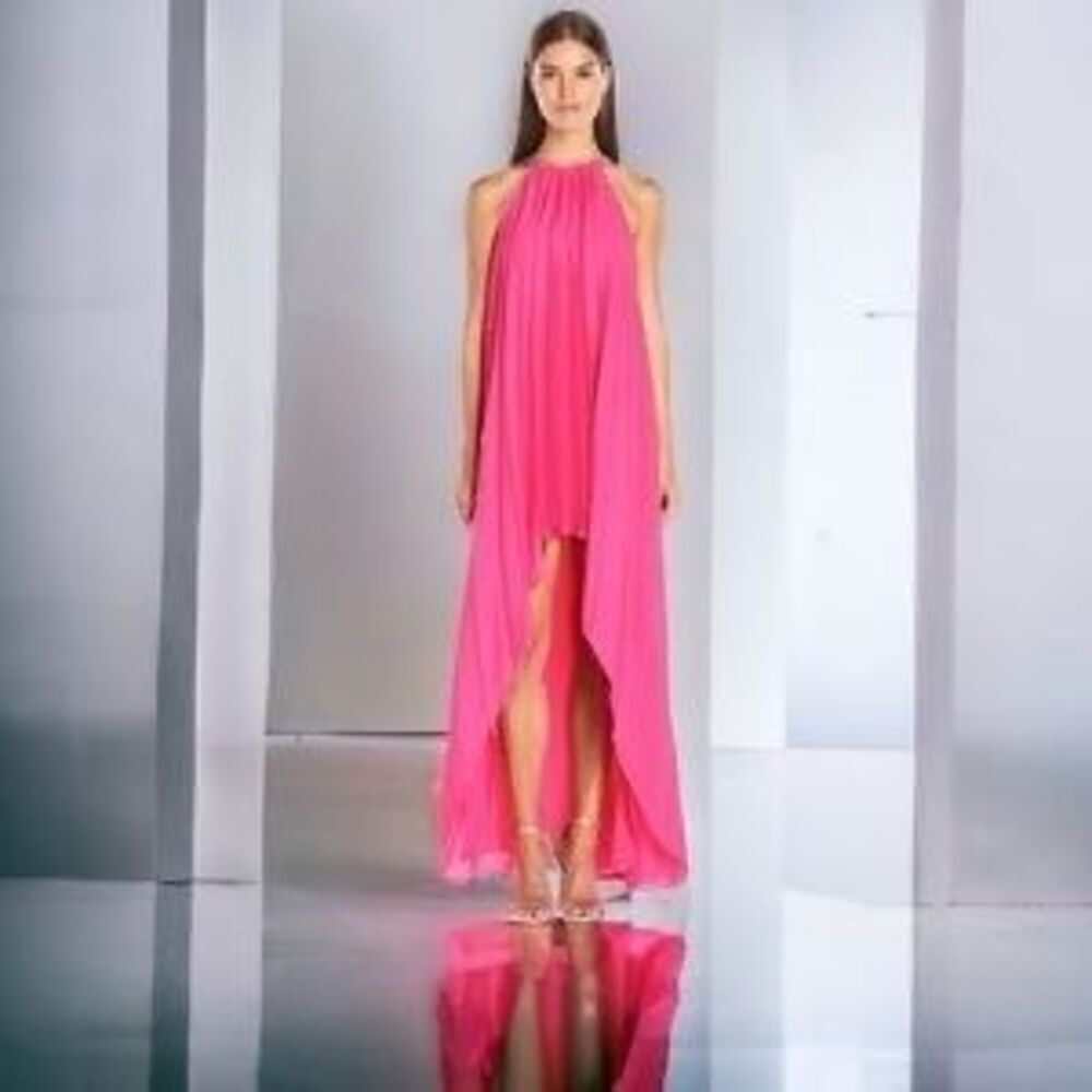 Halston Heritage Sunburst Pleat Halter Maxi Gown Chain & Hot Pink S - Picture 2 of 12